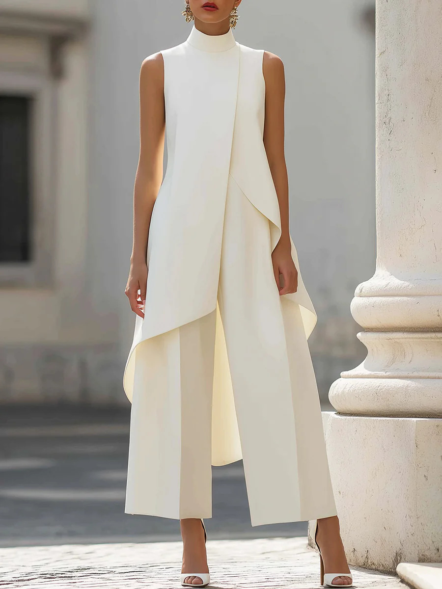Women'S Formal Wear With Pants - Women Stand Neck Sleeveless Layered Long