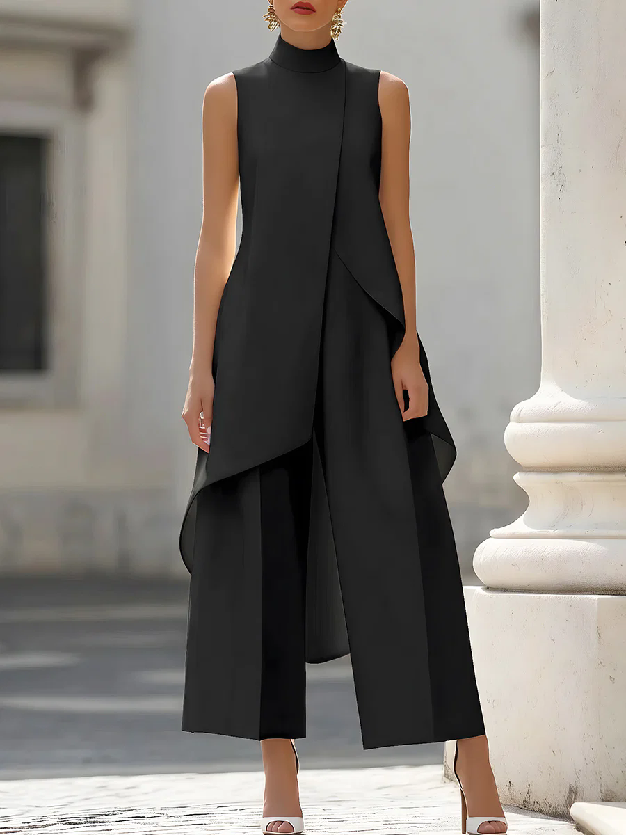 Women'S Elegant Formal Wear - Sleeveless High Neck Asymmetrical Layered Wide