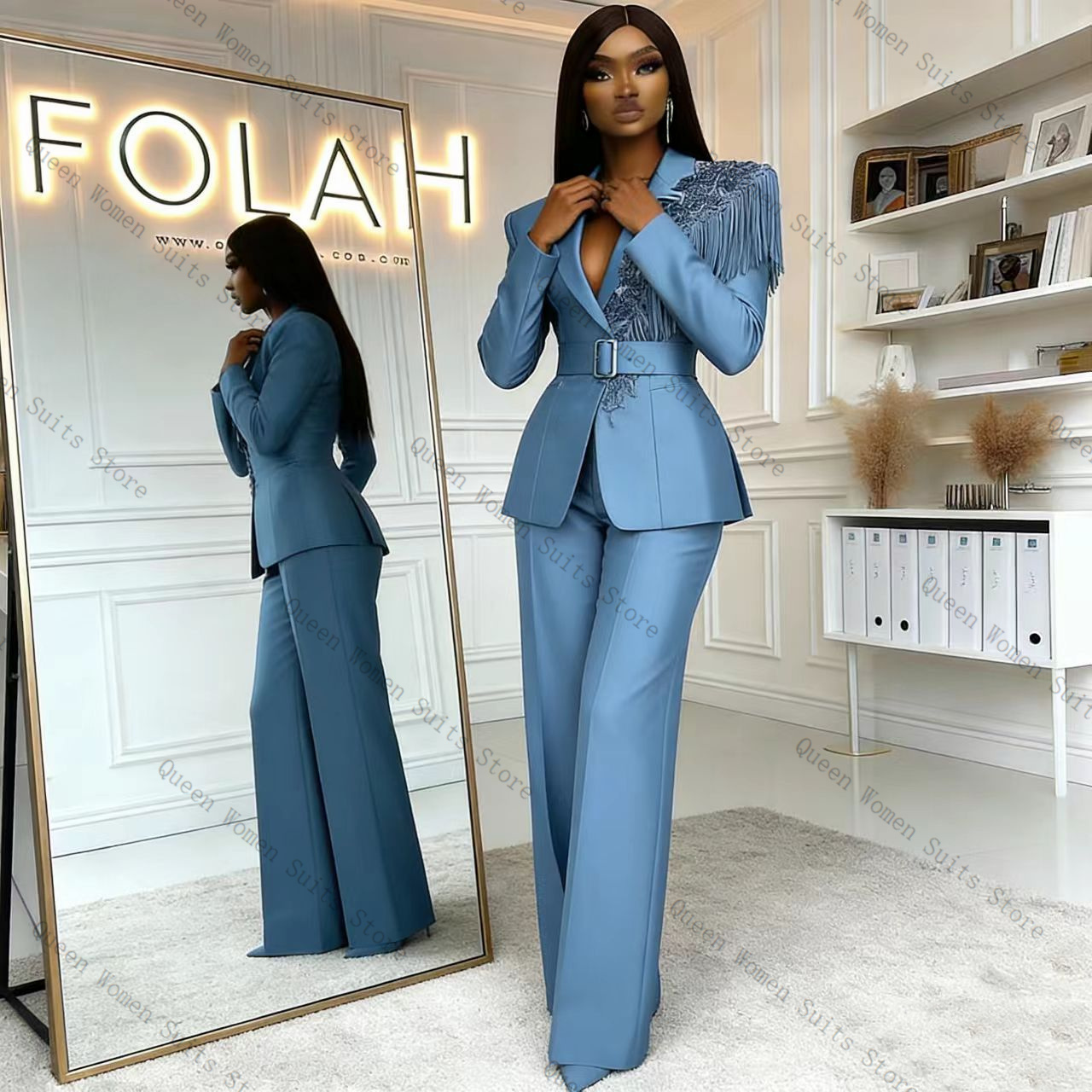 Women Formal Wear Blazer Set - Tassel Blue Women Suit Pants Set