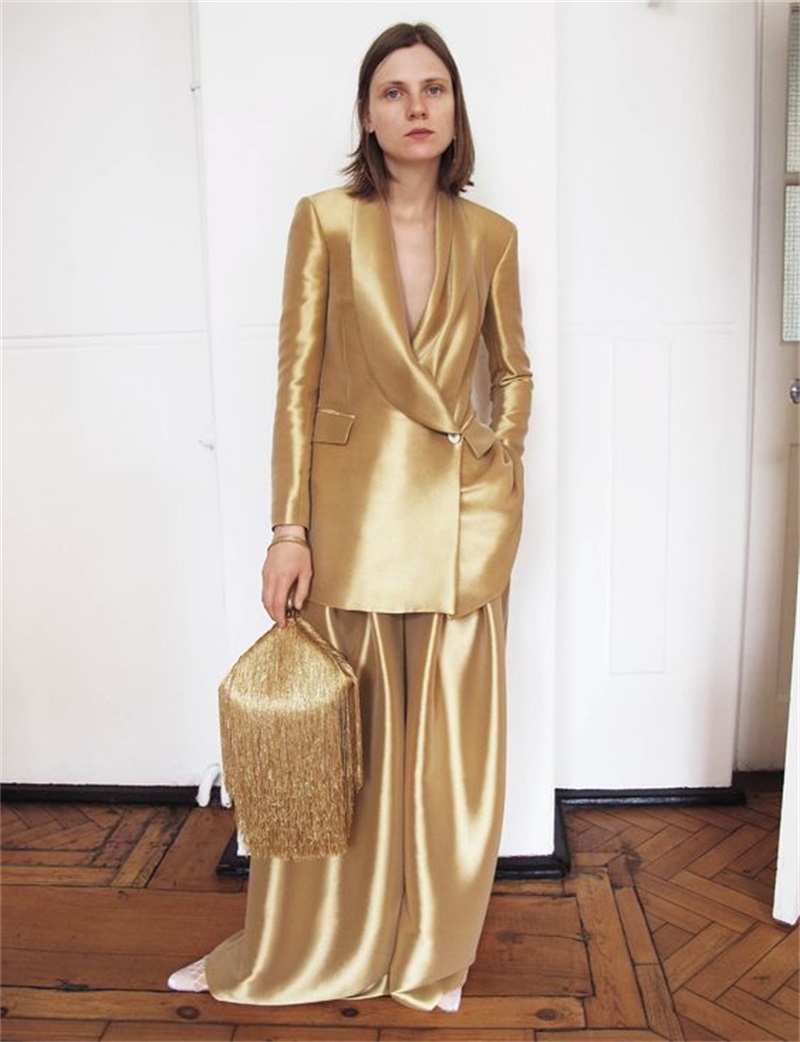 Gold Silk Satin Women Suits Of - Women Formal Wear Blazer Set 评论和价格