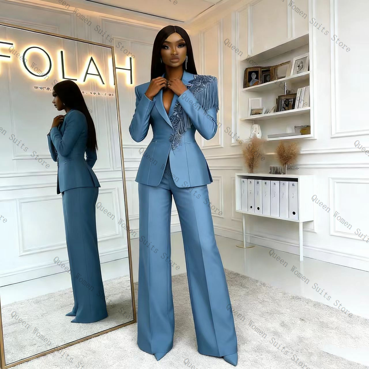 Tassel Blue Women Suit Pants S - Women Formal Wear Blazer Set 评论和价格