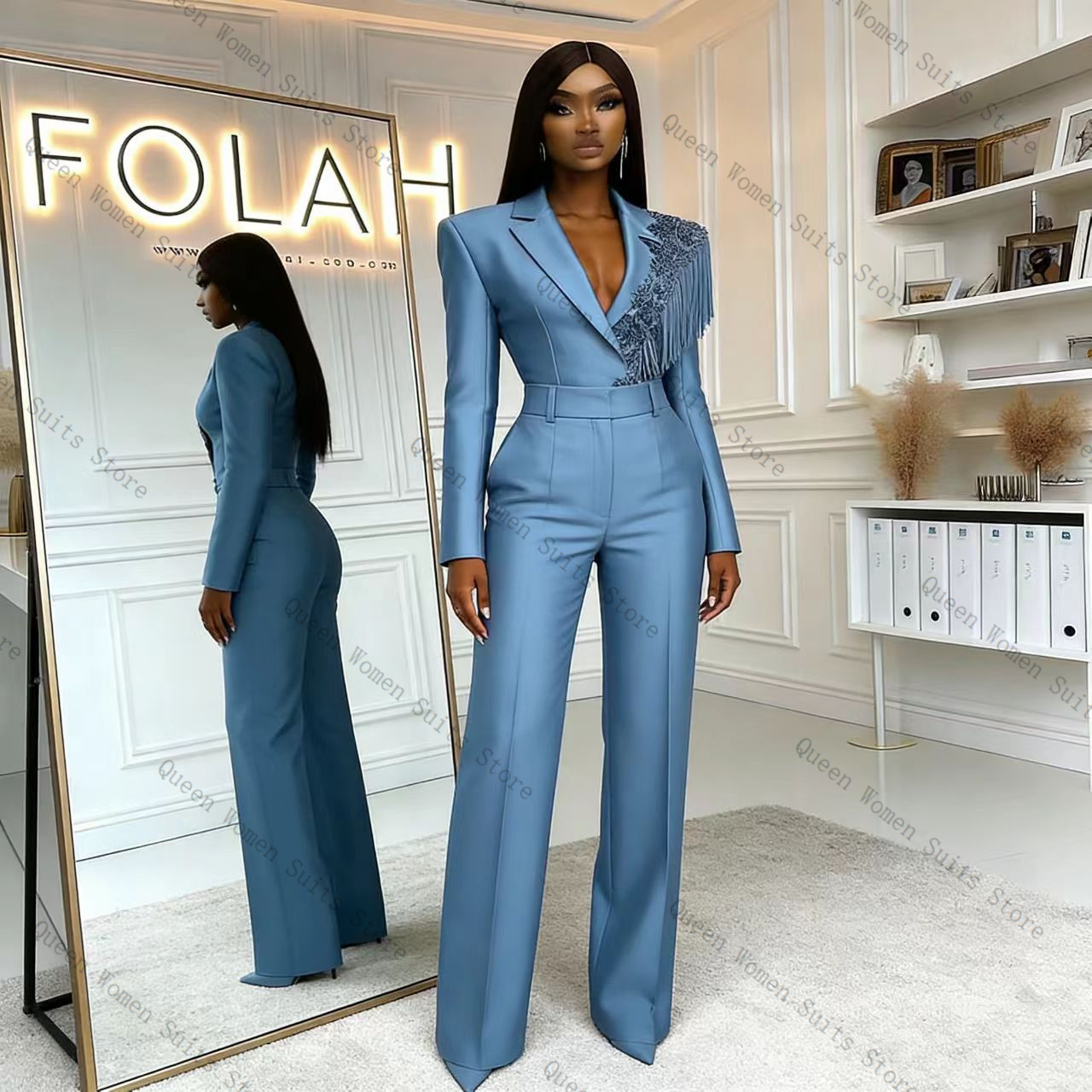Tassel Blue Women Suit Pants S - Women Formal Wear Blazer Set 评论和价格