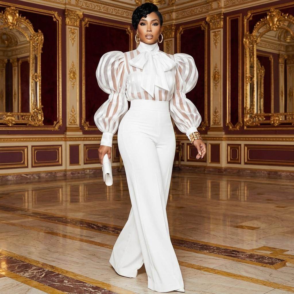 Women High Neck Bow Puff Long  - Women'S Formal Wear With Pants 评论和价格