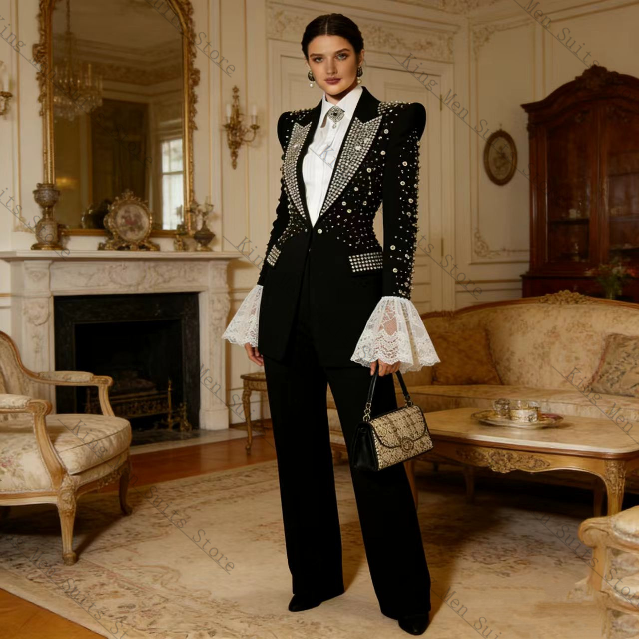 Crystals Black Women Suit Set  - Women Formal Wear Blazer Set 评论和价格